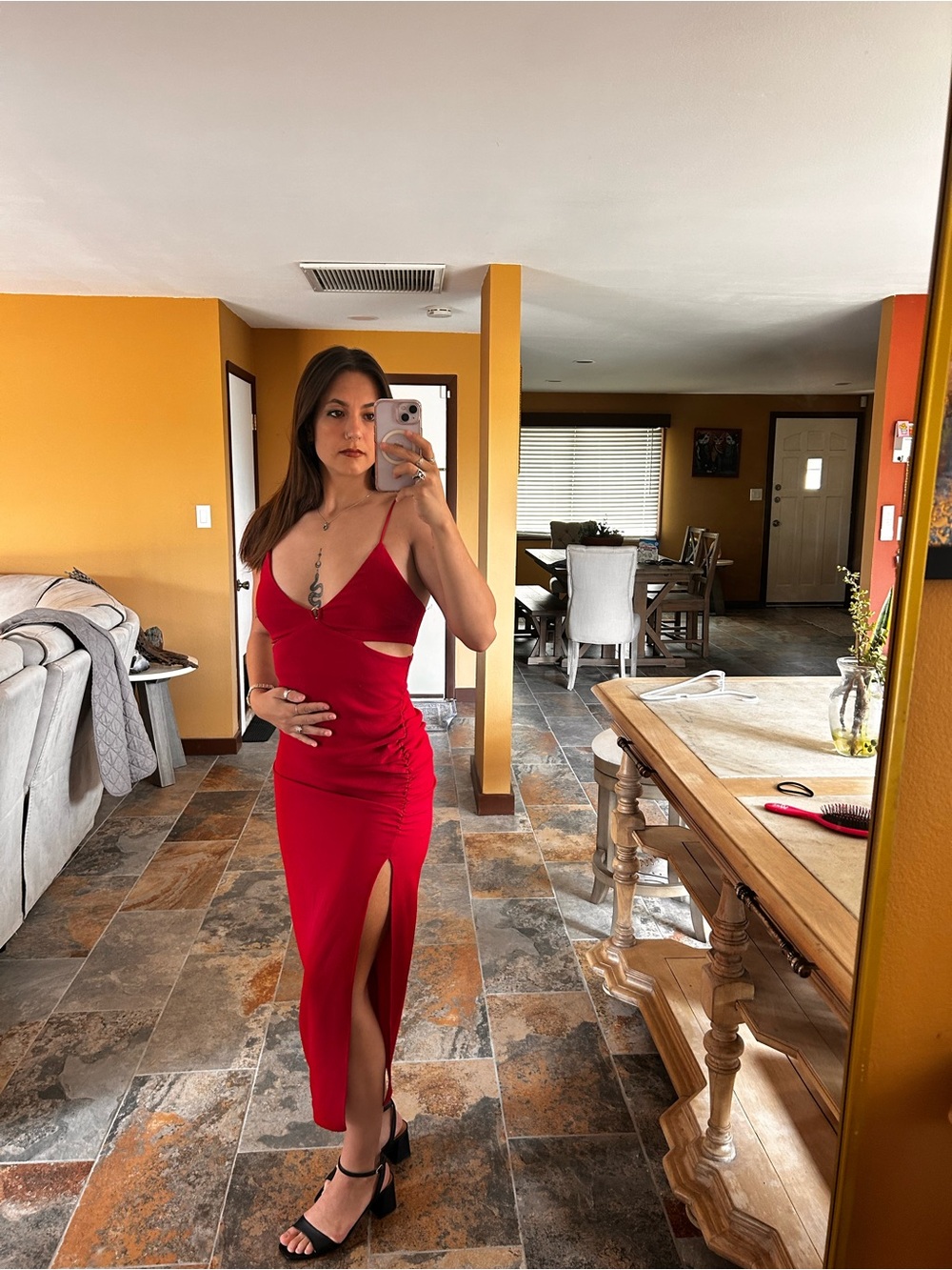 Zara Size Small Red Cutout Midi Dress Side Slit Strappy Bodycon